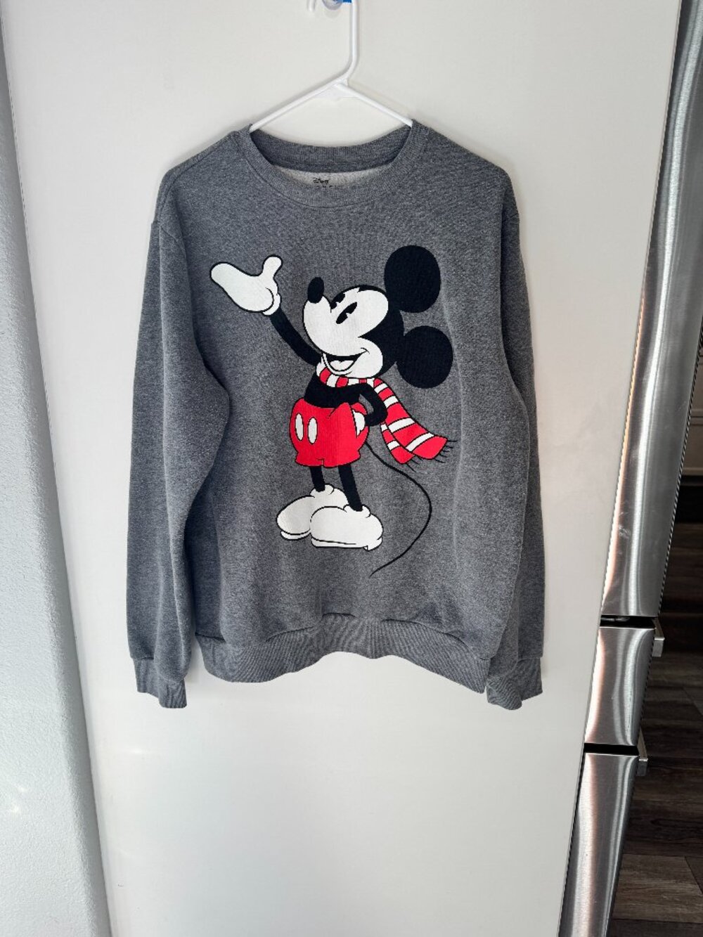 Disney Classic Mickey Mouse Wearing Red Holiday Scarf Gray Pullover Sweatshirt